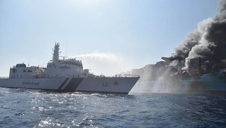 An Indian coast guard ship fights a major fire onboard the Maersk Honam. Wikimedia Commons Image:An Indian coast guard ship fights a major fire onboard the Maersk Honam. Wikimedia Commons
