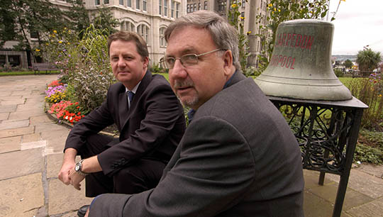 Image: Mark Dickinson  [left]  and Paul Lambert at the 25th anniversary  of the MV Derbyshire disaster at St Nicholas church in Liverpool. Image: Rob Bremner 