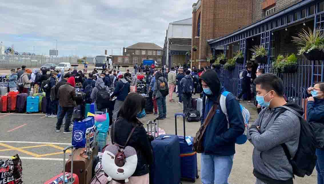Some of the cruise crew waiting at the Tilbury cruise terminal. Image: QVSR Image:Some of the cruise crew waiting at the Tilbury cruise terminal. Image: QVSR
