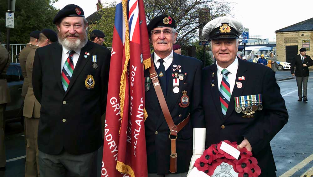 At the Cenotaph in Hull during Remembrance Sunday 2019 L-R: HMS Cardiff radio operator Paul Harmer; Norland standard bearer Ron Barley; and Nautilus member Keith Thompson MNM Image: At the Cenotaph in Hull during Remembrance Sunday 2019 L-R: HMS Cardiff radio operator Paul Harmer; Norland standard bearer Ron Barley; and Nautilus member Keith Thompson MNM