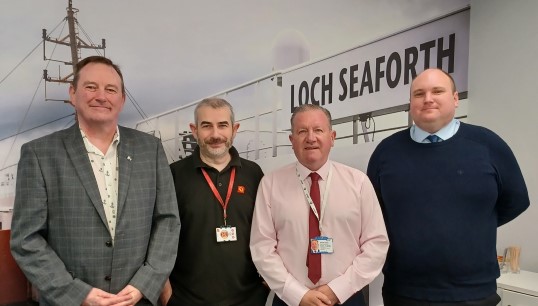 The CalMac JCC meeting: (L-R) liaison officers Iain MacKenzie (Nautilus UK branch chair) and new liaison officers Allan Dickson and and James Christie at the company offices in Gourock. Image: Nautilus International Image:The CalMac JCC meeting: (L-R) liaison officers Iain MacKenzie (Nautilus UK branch chair) and new liaison officers Allan Dickson and and James Christie at the company offices in Gourock. Image: Nautilus International
