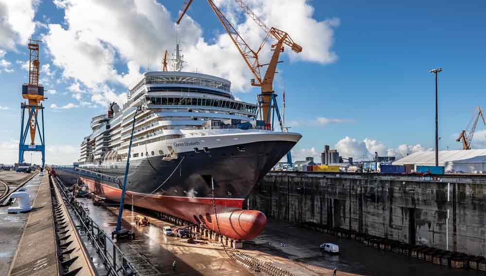Cunard cruiseship Queen Elizabeth's entire Alaska season and all departures up to and including September 8 have been cancelled. Image:In dry dock for a refit at French Ship repair yard in 2019. Image:Cunard cruiseship Queen Elizabeth's entire Alaska season and all departures up to and including September 8 have been cancelled. Image:In dry dock for a refit at French Ship repair yard in 2019.
