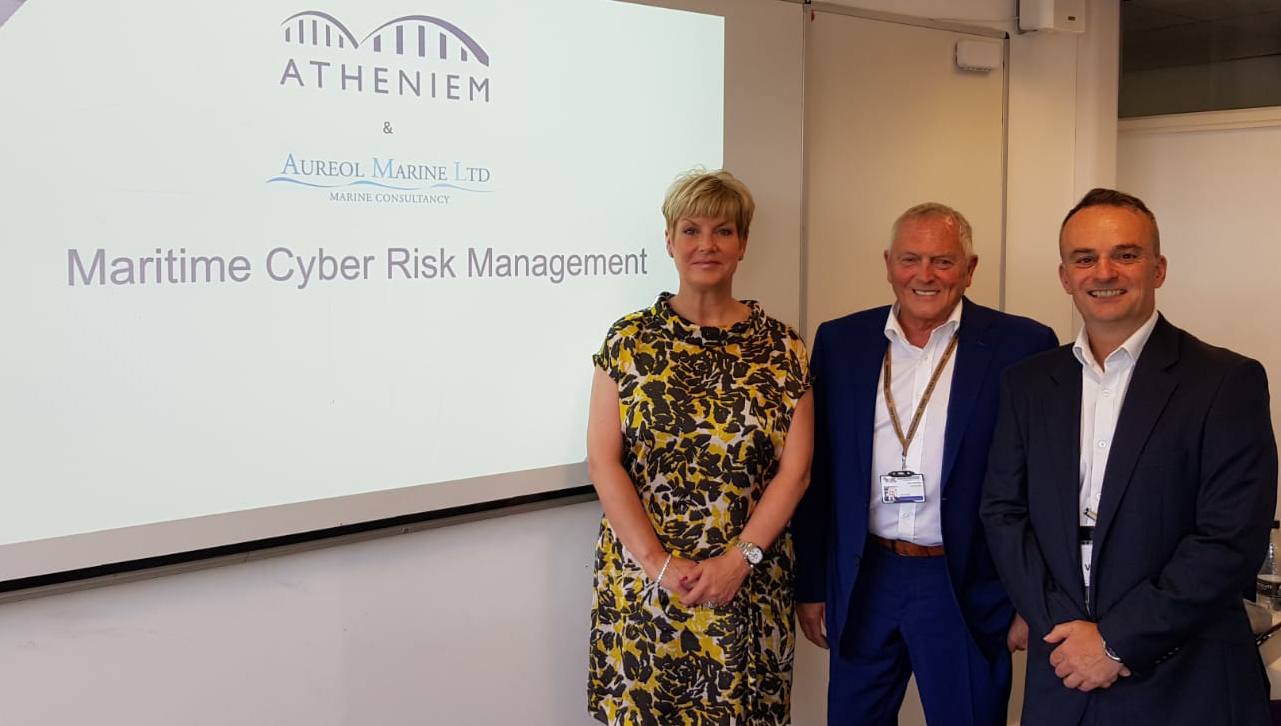 At the first Maritime Cyber Risk Management course delivered at Fleetwood Nautical Campus are from left: Kathryn Neilson, director MNTB, Nautilus member Brian Beckley of Aureol Marine, and Paul Langdon of Atheniem Limited. Image: Aureol Marine Image:At the first Maritime Cyber Risk Management course delivered at Fleetwood Nautical Campus are from left: Kathryn Neilson, director MNTB, Nautilus member Brian Beckley of Aureol Marine, and Paul Langdon of Atheniem Limited. Image: Aureol Marine