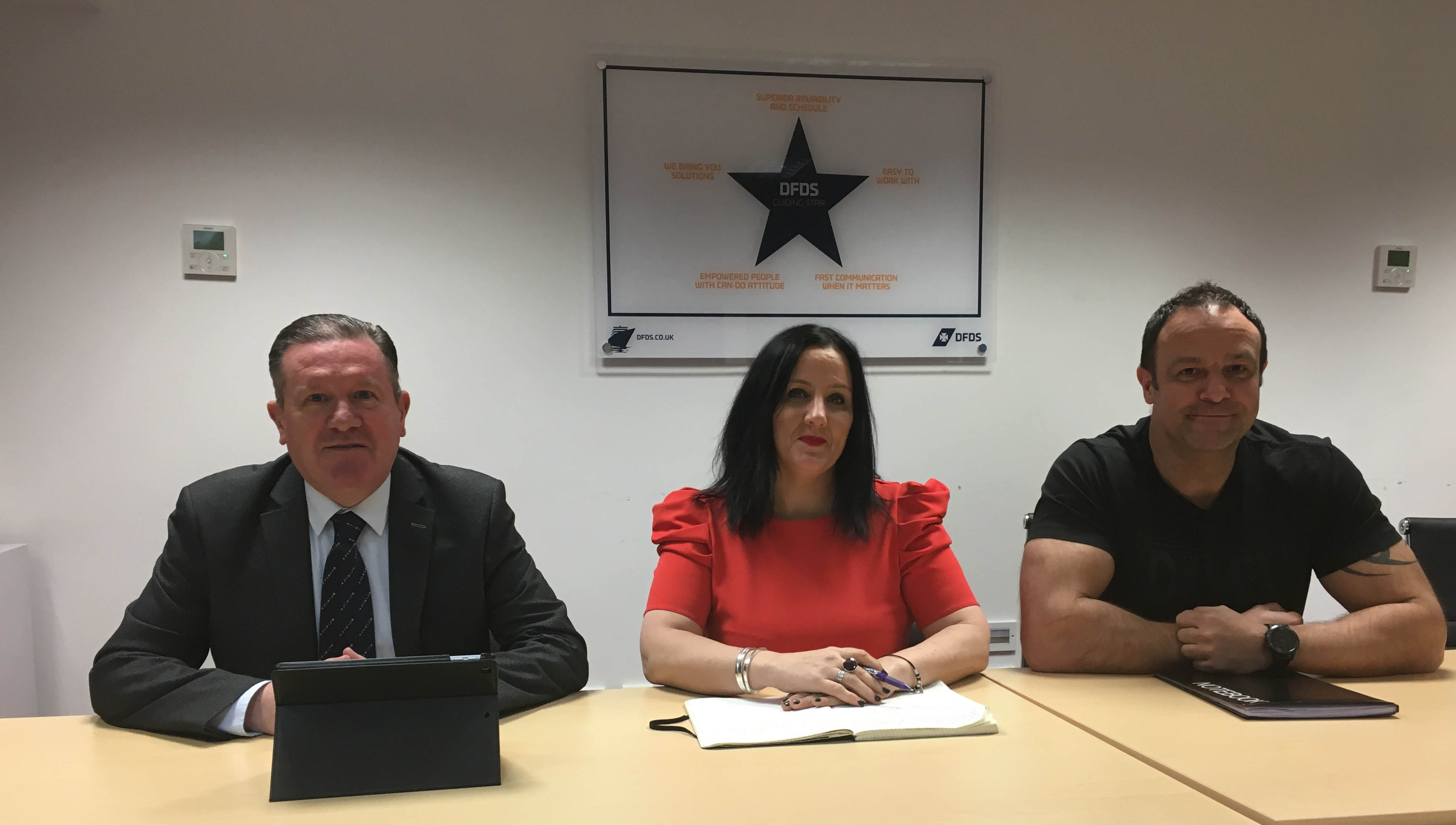 From left: Micky Smyth (Nautilus), Gemma Griffin (vice president HR and crewing) and liaison officer Captain Dave Miller at a meeting in 2018. Image:From left: Micky Smyth (Nautilus), Gemma Griffin (vice president HR and crewing) and liaison officer Captain Dave Miller at a meeting in 2018.
