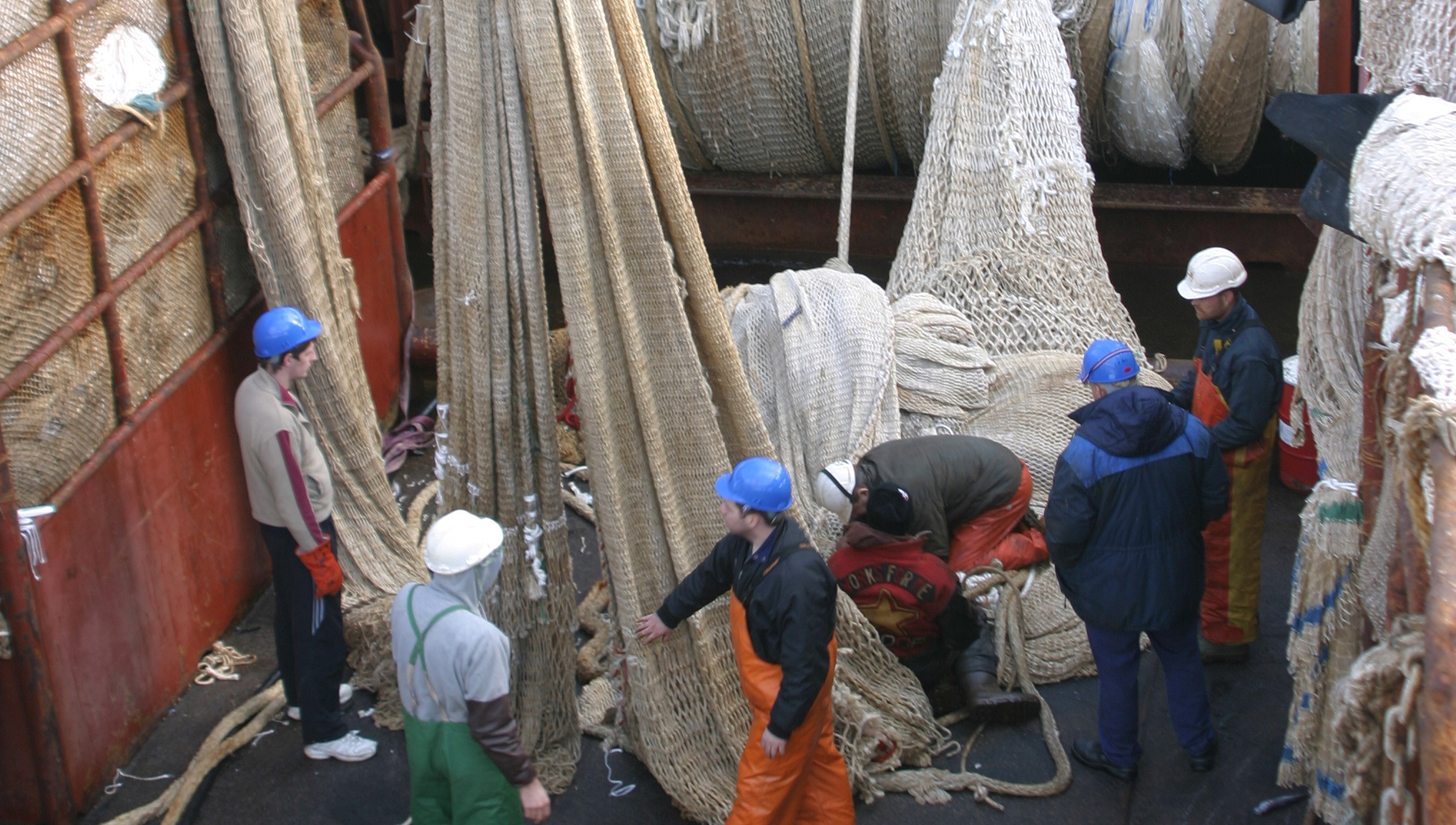 Net repairs. Image: Douwe Adema Nautilus member - Nautilus/Inmarsat 'Life at Sea' Photocompetition 2019. Image:Net repairs. Image: Douwe Adema Nautilus member - Nautilus/Inmarsat 'Life at Sea' Photocompetition 2019.