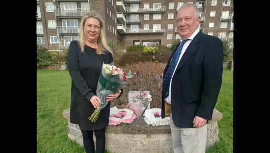 Image:Nautilus member Phil Lees and membership & research administrator Samantha Udall laying flowers at the rose garden on Dover Seafront to remember the 193 lives lost on the Herald of Free Enterprise. Image: Nautilus International