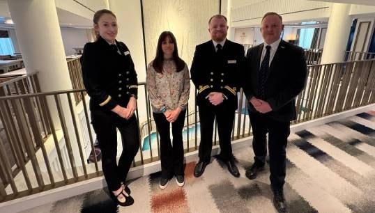 From left onboard Spirit of Adventure: Sophie Frapwell, clearance officer; Rachel Lynch, Nautilus strategic organiser; Marc Tracey, Nautilus liaison officer; Danny McGowan, Nautilus head of international relations. Image: Nautilus International
Image:From left onboard Spirit of Adventure: Sophie Frapwell, clearance officer; Rachel Lynch, Nautilus strategic organiser; Marc Tracey, Nautilus liaison officer; Danny McGowan, Nautilus head of international relations. Image: Nautilus International