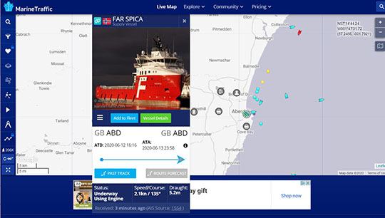 On Monday 15 June the Marine Traffic website showed the Far Spica was moored in the port of Aberdeen. Image:On Monday 15 June the Marine Traffic website showed the Far Spica was moored in the port of Aberdeen.