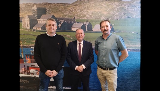 Head of industrial Micky Smyth (centre) with liaison officers Daniel Wright and Iain MacKenzie at the CalMac offices in Gourock. Image: Nautilus International Image:Head of industrial Micky Smyth (centre) with liaison officers Daniel Wright and Iain MacKenzie at the CalMac offices in Gourock. Image: Nautilus International