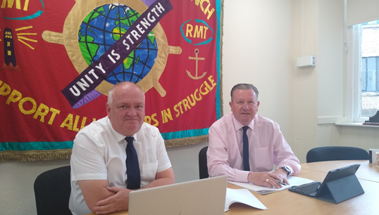 Brian Reynolds, RMT CalMac convenor (left) and Nautilus head of industrial Micky Smyth meeting in the RMT's Glasgow officer to discuss concerns over the chartering of MV Arrow
Image: Nautilus International Image:Brian Reynolds, RMT CalMac convenor (left) and Nautilus head of industrial Micky Smyth meeting in the RMT's Glasgow officer to discuss concerns over the chartering of MV Arrow
Image: Nautilus International