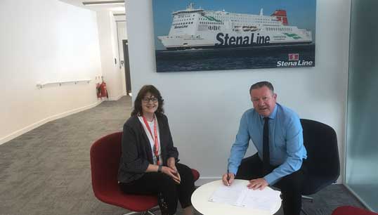 Stena Line UK and Ireland employee relations manager Fiona Paton and Nautilus head of industrial Micky Smyth Nautilus at the signing of the updated Recognition and Procedural Agreement between the Union and the company. Image:Stena Line UK and Ireland employee relations manager Fiona Paton and Nautilus head of industrial Micky Smyth Nautilus at the signing of the updated Recognition and Procedural Agreement between the Union and the company.