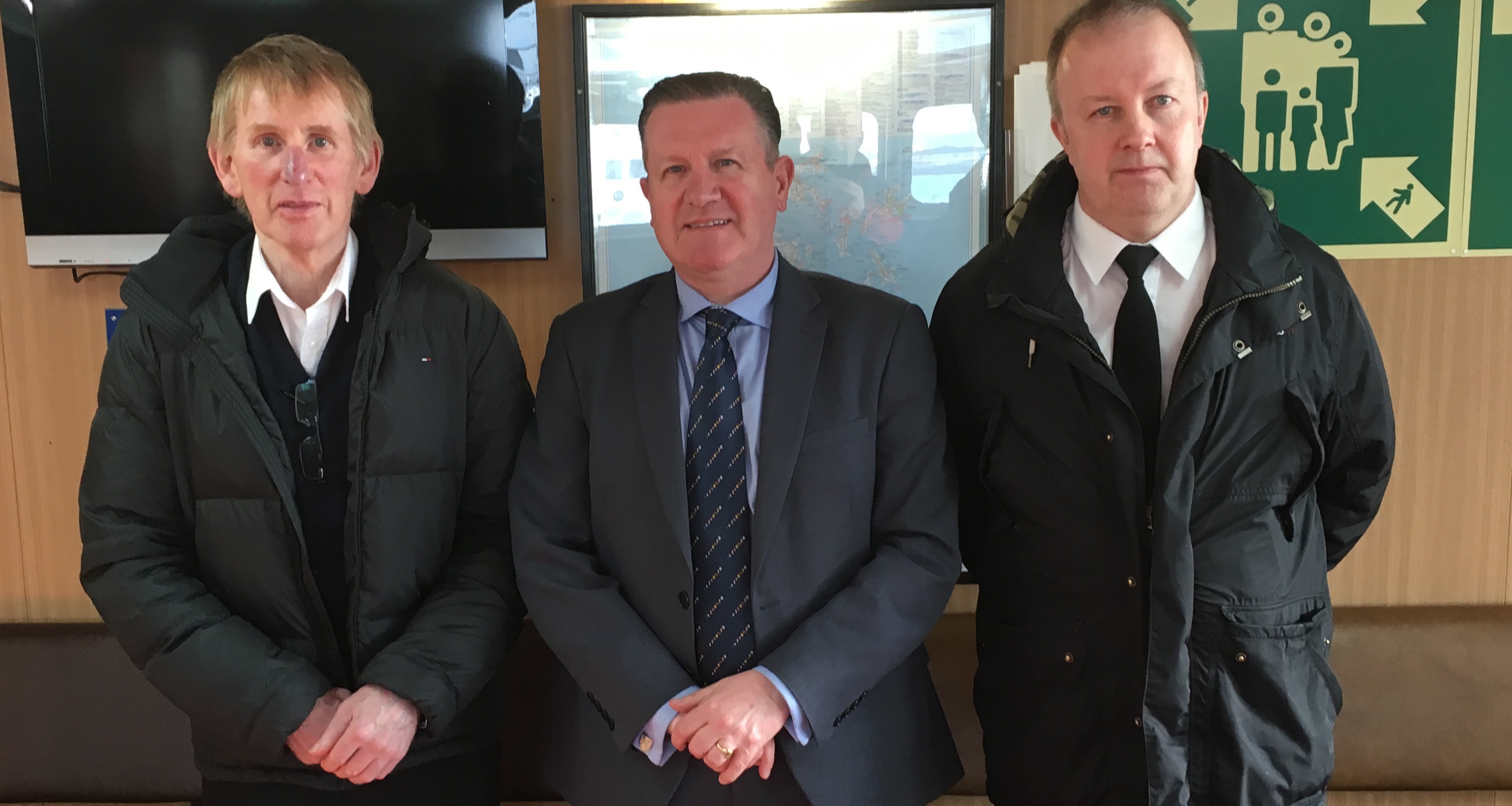 Nautilus national ferry organiser Micky Smyth (pictured above, centre, with liaison officers Captain John Cowie, left, and Captain Davie Bruce, right). Image:Nautilus national ferry organiser Micky Smyth (pictured above, centre, with liaison officers Captain John Cowie, left, and Captain Davie Bruce, right).