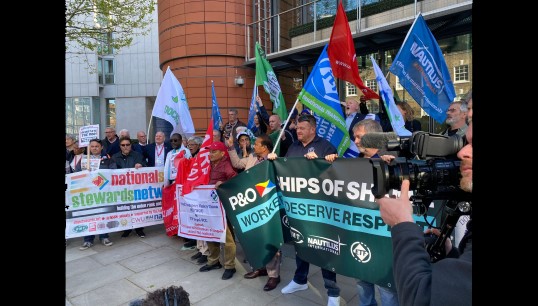 International labour organisations and trade unions united to show their support for UK ferry workers at the protest, which took place at the London headquarters of P&O Ferries' parent company DP World on Thursday 21 April 2022. Image: ITF Image:International labour organisations and trade unions united to show their support for UK ferry workers at the protest, which took place at the London headquarters of P&O Ferries' parent company DP World on Thursday 21 April 2022. Image: ITF