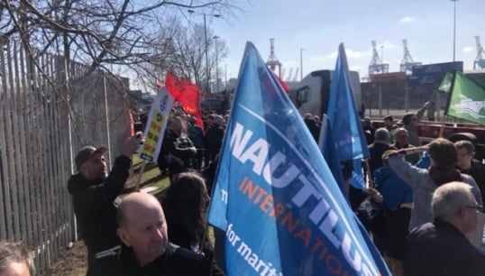 Nautilus staff join seafarers, other union members and members of the public at the protest against P&O at the Port of Liverpool. Image: Nautilus International Image:Nautilus staff join seafarers, other union members and members of the public at the protest against P&O at the Port of Liverpool. Image: Nautilus International