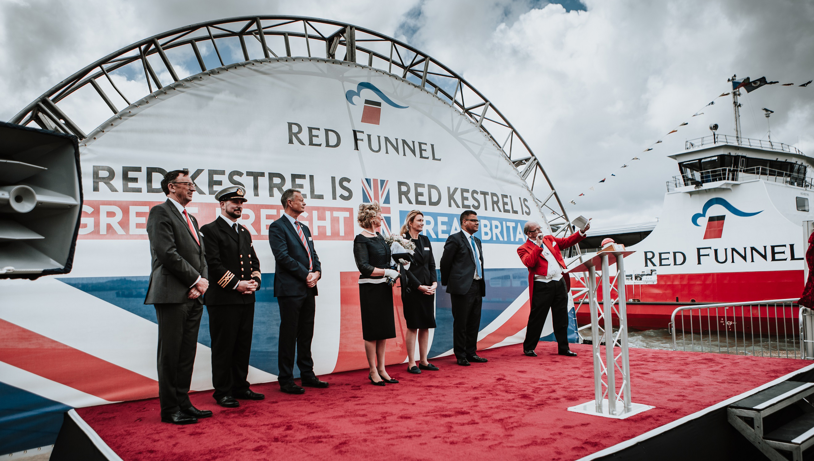 The Southampton naming ceremony for Red Funnel's new freight ferry Red Kestrel on 25 April 2019. The vessel's commander, Captain Ned Tutton, is pictured second from left. Image: Red Funnel Image:The Southampton naming ceremony for Red Funnel's new freight ferry Red Kestrel on 25 April 2019. The vessel's commander, Captain Ned Tutton, is pictured second from left. Image: Red Funnel