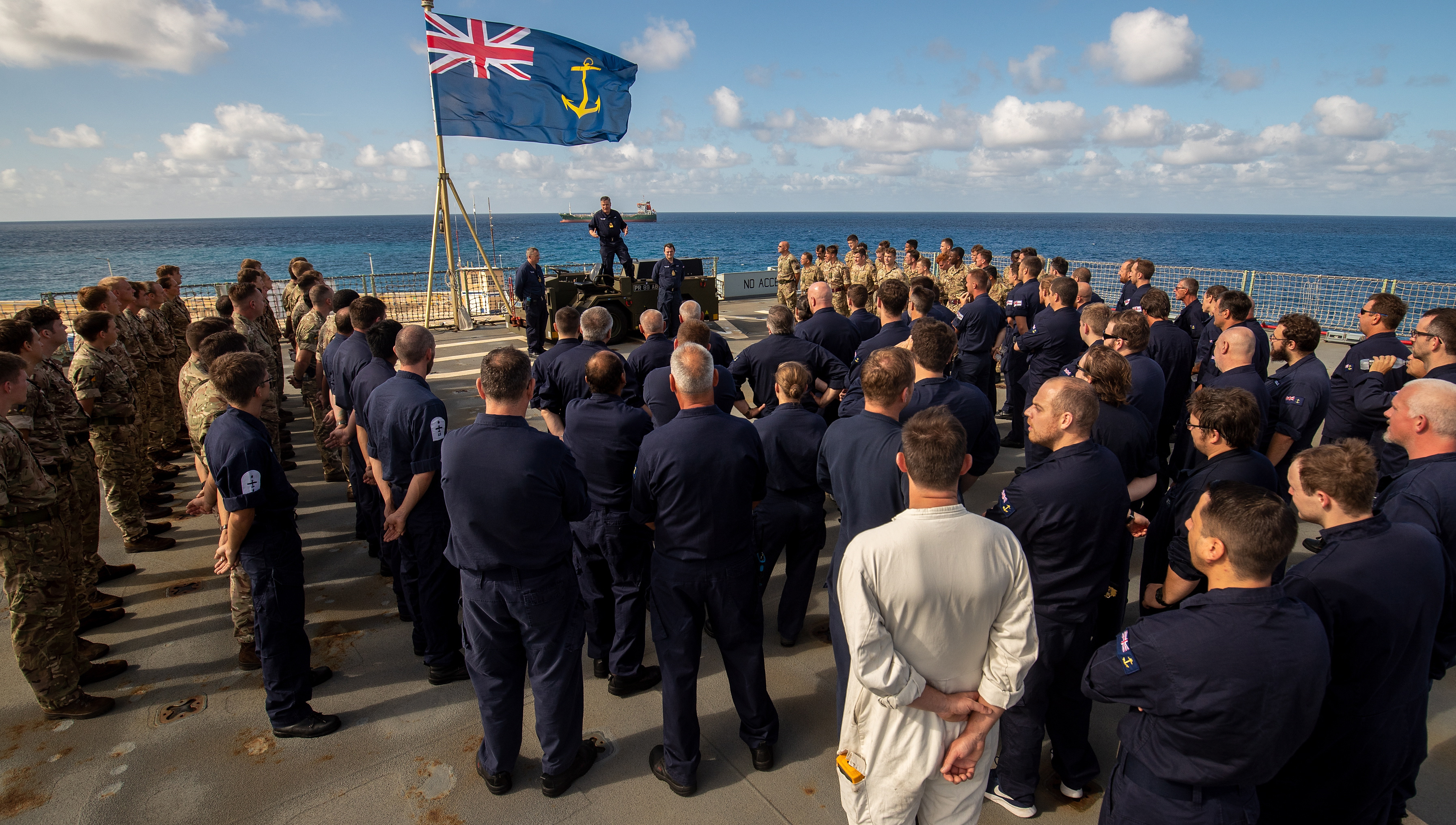 RFA Mounts Bay crew addressed by Commodore Lamb in Barbados. Image: RFA Image:RFA Mounts Bay crew addressed by Commodore Lamb in Barbados. Image: RFA