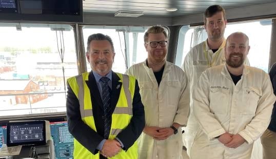 Nautilus International national organiser Steve Doran, left, with crew onboard the Proteus. Image: Nautilus International Image:Nautilus International national organiser Steve Doran, left, with crew onboard the Proteus. Image: Nautilus International