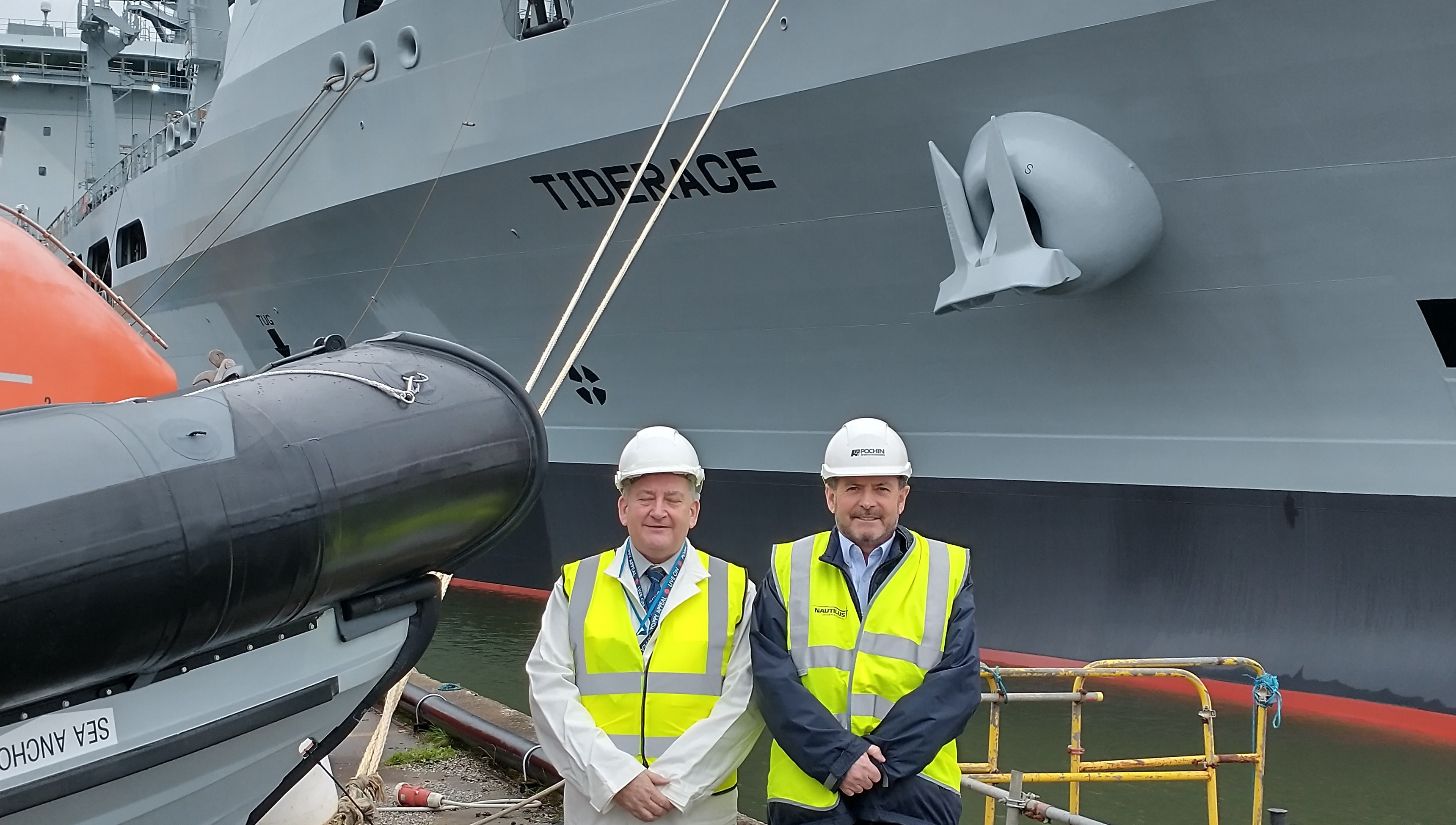 From left: RFA Liaison officer Dave Gatenby and Nautilus national organiser Steve Doran during a visit to Tide Race,one of three vessels visited in March. Image:From left: RFA Liaison officer Dave Gatenby and Nautilus national organiser Steve Doran during a visit to Tide Race,one of three vessels visited in March.