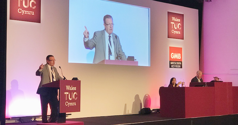 National ferry organiser Micky Smyth addresses the Wales TUC conference during May. Image:National ferry organiser Micky Smyth addresses the Wales TUC conference during May.