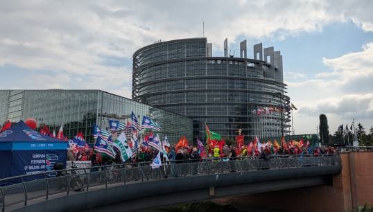 Trade unions protesting outside the European Parliament in September 2024, demanding an end to exploitation by subcontractors. Image: ETF Image:Trade unions protesting outside the European Parliament in September 2024, demanding an end to exploitation by subcontractors. Image: ETF