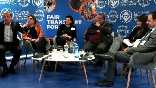MEP Marian-Jean Marinescu (far left) argues for greater liberalisation in European transport. Other panel members pictured are L-R: European Commissioner for Transport Adana Valean, ETF general secretary Livia Spera, ETF president Frank Moreels, MEP Elena Kountoura and MEP Petar Vitanov. Image: screenshot from online broadcast of the ETF Future for Transport roundtable Image:MEP Marian-Jean Marinescu (far left) argues for greater liberalisation in European transport. Other panel members pictured are L-R: European Commissioner for Transport Adana Valean, ETF general secretary Livia Spera, ETF president Frank Moreels, MEP Elena Kountoura and MEP Petar Vitanov. Image: screenshot from online broadcast of the ETF Future for Transport roundtable