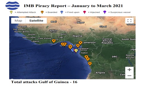 Map of attacks in the Gulf of Guinea from the IMB's Piracy report for Q1 of 2021. Image: International Maritime Bureau (IMB) Image:Map of attacks in the Gulf of Guinea from the IMB's Piracy report for Q1 of 2021. Image: International Maritime Bureau (IMB)