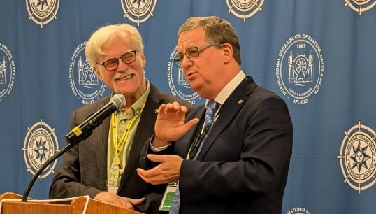 Nautilus general secretary Mark Dickinson (right) speaking at the 90th Convention of the International Organization of Masters, Mates & Pilots (IOMMP), with IOMMP president Don Marcus. Image: Nautilus International Image:Nautilus general secretary Mark Dickinson (right) speaking at the 90th Convention of the International Organization of Masters, Mates & Pilots (IOMMP), with IOMMP president Don Marcus. Image: Nautilus International