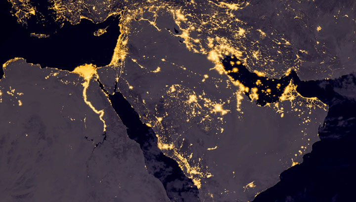 Aerial map of the Middle East at night. Image: Gettty Image:Aerial map of the Middle East at night. Image: Gettty