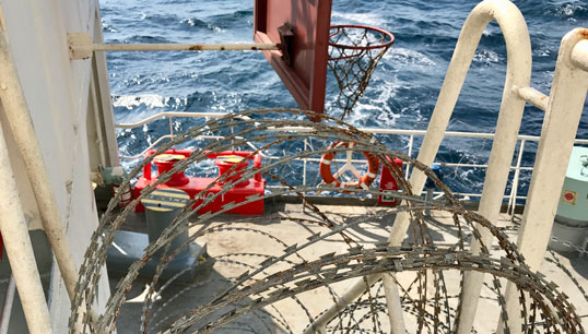 Example of razor wire fencing used in 'vessel hardening' measures employed when a ship passes through high risk areas. Image: Getty Images Image:Example of razor wire fencing used in 'vessel hardening' measures employed when a ship passes through high risk areas. Image: Getty Images