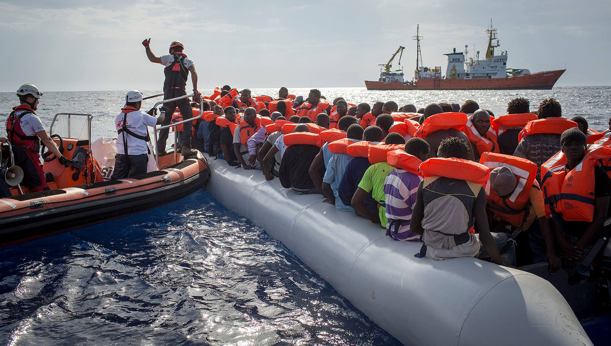 Sea rescue underway by Gibraltar-flagged search and rescue vessel Aquarius. Credit: SoS Mediterranee - Anna Psaroudakis. Image:Sea rescue underway by Gibraltar-flagged search and rescue vessel Aquarius. Credit: SoS Mediterranee - Anna Psaroudakis.