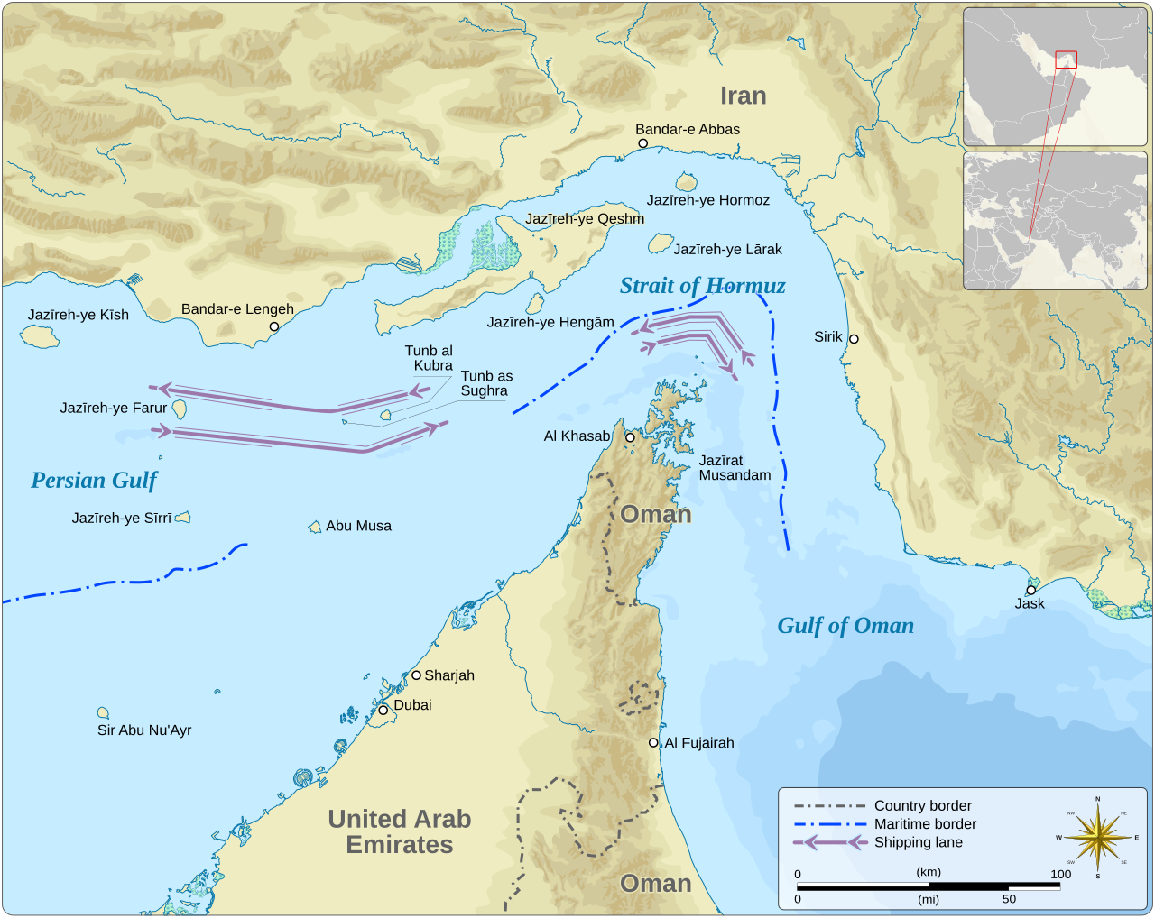 Image:Strait of Hormuz. Source: Wikimedia Commons / Goran tek-en
