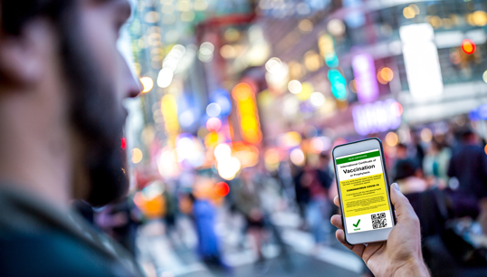 'It is a matter of future industry stability and mariner job security', say six American maritime union presidents. Image: Getty Images - digital certificate of vaccination Times Square. Image:'It is a matter of future industry stability and mariner job security', say six American maritime union presidents. Image: Getty Images - digital certificate of vaccination Times Square.