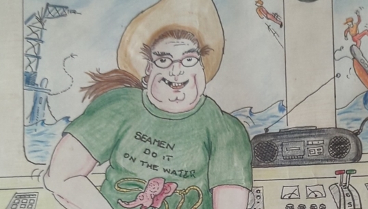 A cartoon of Mac McGill drawn by one of his crew members, which reflected his sense of humour. Image: courtesy of Carole McGill Image:A cartoon of Mac McGill drawn by one of his crew members, which reflected his sense of humour. Image: courtesy of Carole McGill