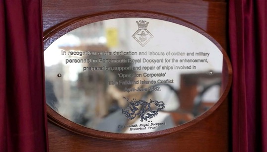 A plaque recognising the work of dockyard workers at HM Naval Base Portsmouth for their achievements during the Falklands Conflict in 1982. Image: Andrew Cave Image:A plaque recognising the work of dockyard workers at HM Naval Base Portsmouth for their achievements during the Falklands Conflict in 1982. Image: Andrew Cave