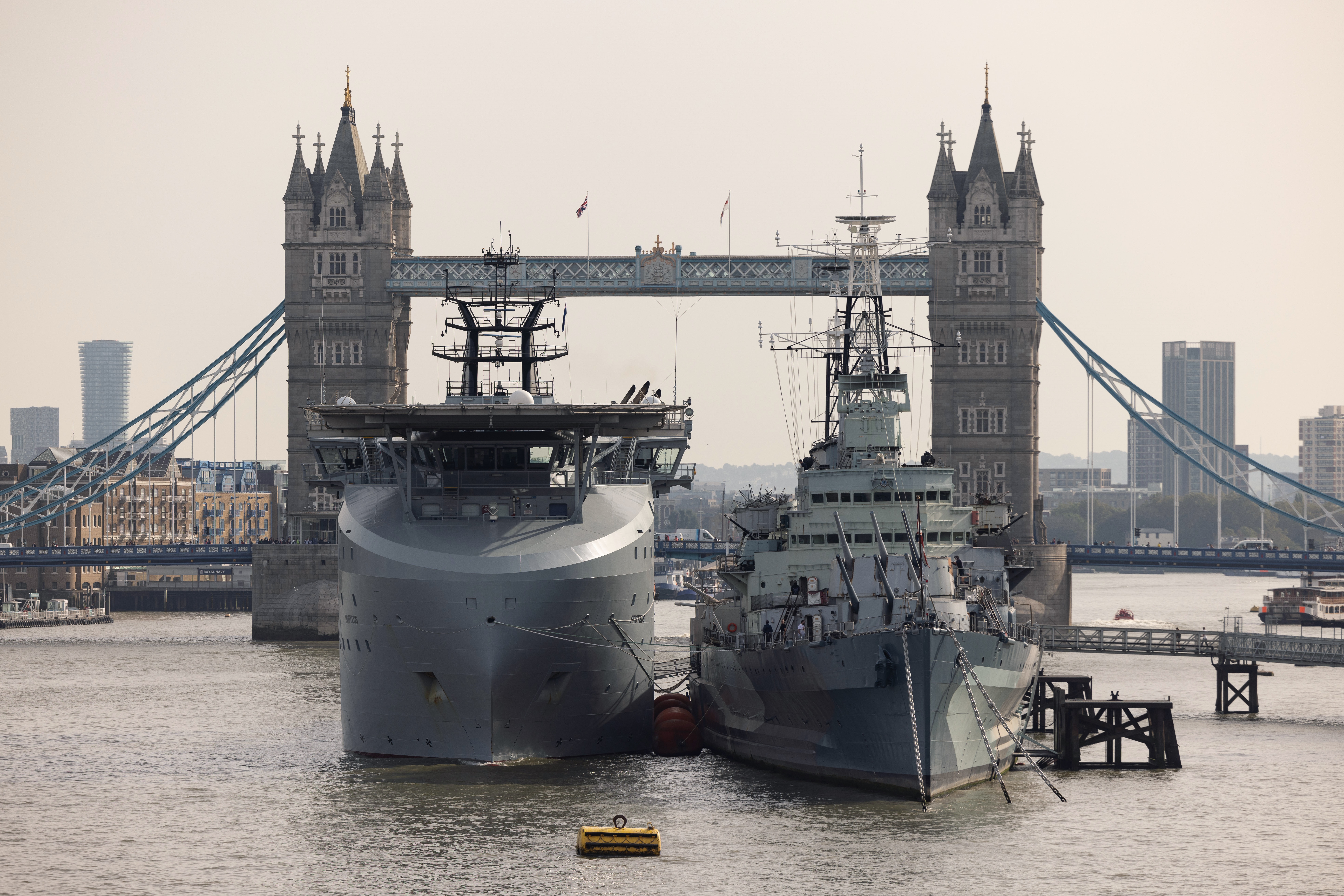 RFA Proteus alongside HMS Belfast in London, on Monday 9 October 2023, ahead of its Service of Dedication on Tuesday 10 October 2023. Image:RFA Proteus alongside HMS Belfast in London, on Monday 9 October 2023, ahead of its Service of Dedication on Tuesday 10 October 2023.