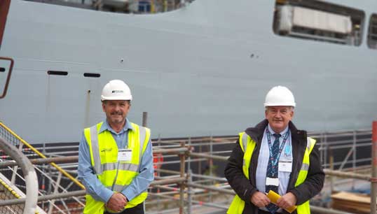 Nautilus liaison officer Dave Gatenby and Union national organiser Steve Doran on a previous ship visit to RFA Wave Knight. Image:Nautilus liaison officer Dave Gatenby and Union national organiser Steve Doran on a previous ship visit to RFA Wave Knight.