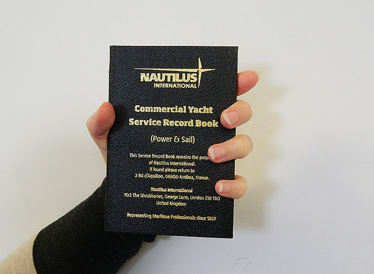 All Nautilus members onboard superyachts receive the Union's Service Record Book, for recording sea time. Image:All Nautilus members onboard superyachts receive the Union's Service Record Book, for recording sea time.