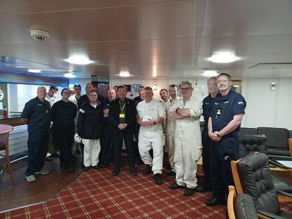 Nautilus national organiser Steve Doran, centre, with RFA members onboard Fort Victoria. Image: Nautilus International Image:Nautilus national organiser Steve Doran, centre, with RFA members onboard Fort Victoria. Image: Nautilus International
