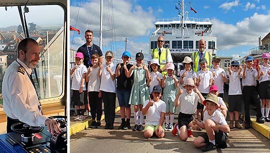 Captain Ian Henderson (L) showed school children how crew sail the Solent during a voyage marking a partnership between schools and the Wightlink ferry company to highlight maritime careers. Images: Ian Henderson/Wightlink Image:Captain Ian Henderson (L) showed school children how crew sail the Solent during a voyage marking a partnership between schools and the Wightlink ferry company to highlight maritime careers. Images: Ian Henderson/Wightlink
