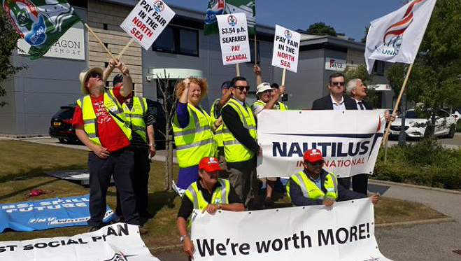 Nautilus Aberdeen action against Borr Drilling's redundancy package is supported by representatives of the offshore Co-ordinating Group (RMT and Unite). Image:Nautilus Aberdeen action against Borr Drilling's redundancy package is supported by representatives of the offshore Co-ordinating Group (RMT and Unite).