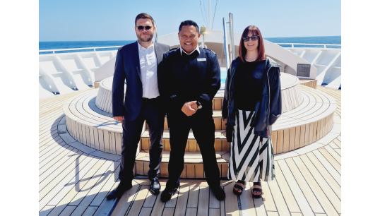 Nautilus strategic organisers John Coppell (left) and Rachel Lynch (right) with a crew member onboard the Windstar Cruises vessel Star Legend. Image: Nautilus International Image:Nautilus strategic organisers John Coppell (left) and Rachel Lynch (right) with a crew member onboard the Windstar Cruises vessel Star Legend. Image: Nautilus International