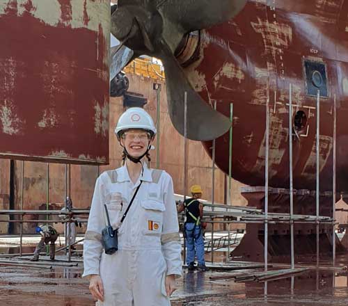 Former second officer Ellie Johnson served in an oil shipping fleet and now manages the vessels she once sailed on. Image:Former second officer Ellie Johnson served in an oil shipping fleet and now manages the vessels she once sailed on.