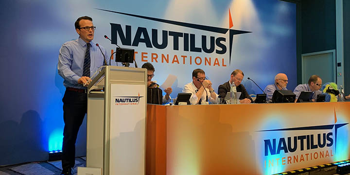 Nautilus professional and technical officer David Appleton proposes the Senior Electro-Technical Officer motion to GM19 Image:Nautilus professional and technical officer David Appleton proposes the Senior Electro-Technical Officer motion to GM19