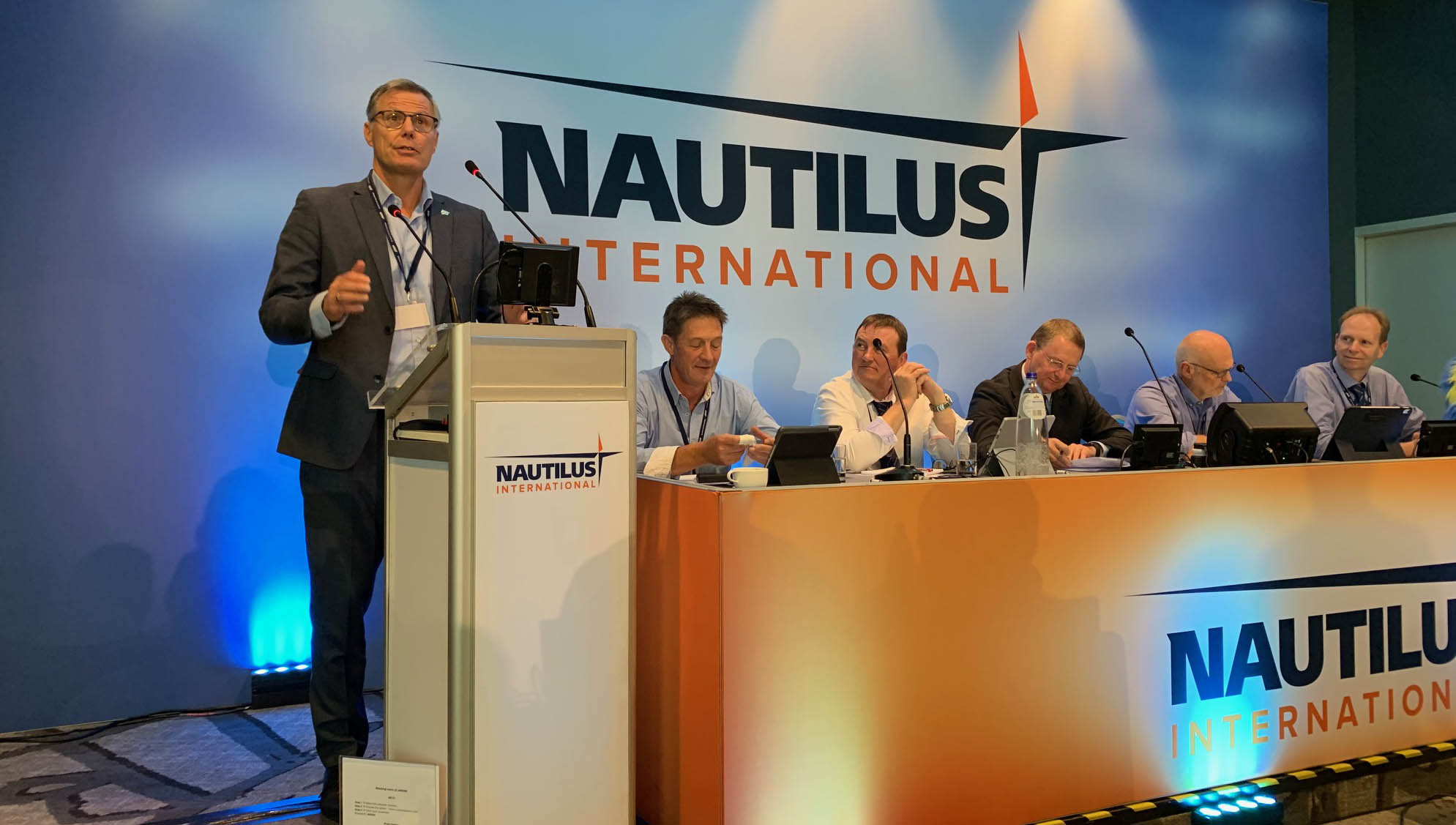 FNV chief Han Busker speaking to the Nautilus General Meeting on 9 October 2019 Image:FNV chief Han Busker speaking to the Nautilus General Meeting on 9 October 2019