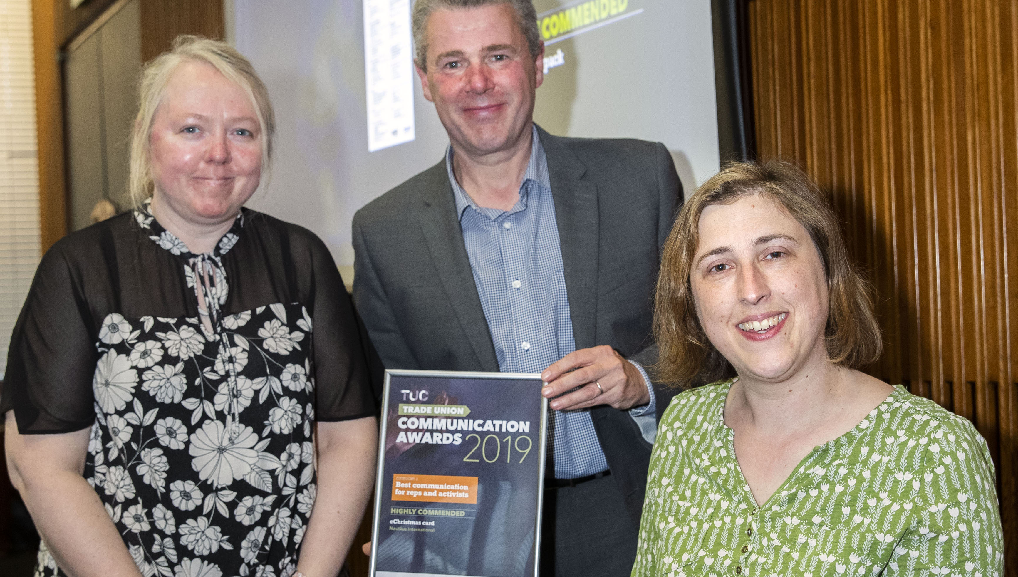 Winning team: (L-R) Nautilus production editor June Cattini and chief sub editor Sarah Robinson pick up the award from TUC president Mark Serwotka. Image:Winning team: (L-R) Nautilus production editor June Cattini and chief sub editor Sarah Robinson pick up the award from TUC president Mark Serwotka.