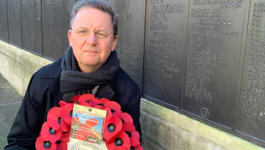 General Secretary Mark Dickinson with the wreath laid on behalf of Nautilus at the Merchant Navy Memorial in Tower Hill, London. Image:General Secretary Mark Dickinson with the wreath laid on behalf of Nautilus at the Merchant Navy Memorial in Tower Hill, London.