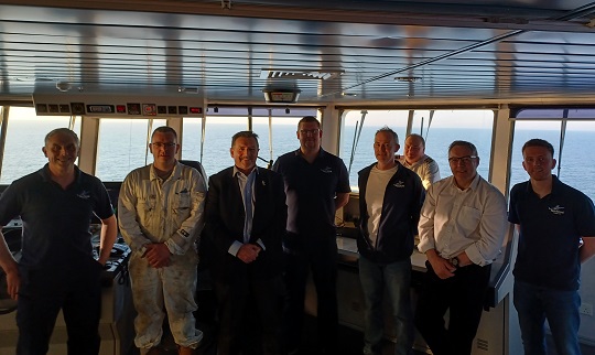 Crew aboard the MV Hrossey met with Nautilus national organiser Steve Doran in April. Image:Crew aboard the MV Hrossey met with Nautilus national organiser Steve Doran in April.