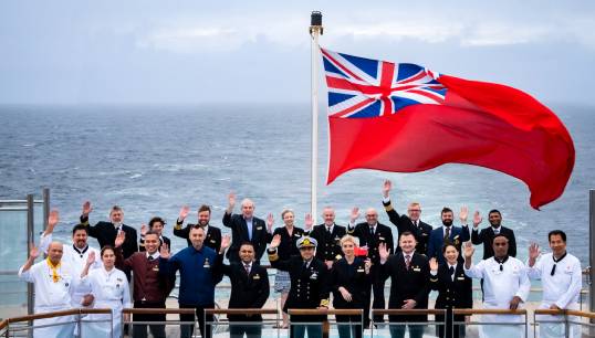 A flag-raising ceremony was held aboard Cunard Line flagship RMS Queen Mary 2. Image: Cunard Line Image:A flag-raising ceremony was held aboard Cunard Line flagship RMS Queen Mary 2. Image: Cunard Line
