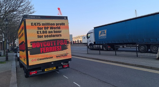 The Nautilus campaign van in Dover highlighting the plight of P&O Ferries crew members sacked from ferries such as the Pride of Kent. Image: Nautilus International
Image:The Nautilus campaign van in Dover highlighting the plight of P&O Ferries crew members sacked from ferries such as the Pride of Kent. Image: Nautilus International