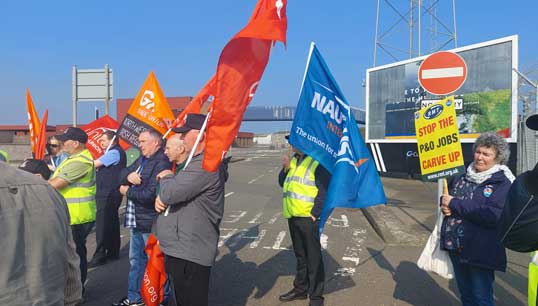 Allied trade unions joined together in Larne to protest against the sacking of 800 seafarers by P&O Ferries. Image: Prospect Image:Allied trade unions joined together in Larne to protest against the sacking of 800 seafarers by P&O Ferries. Image: Prospect
